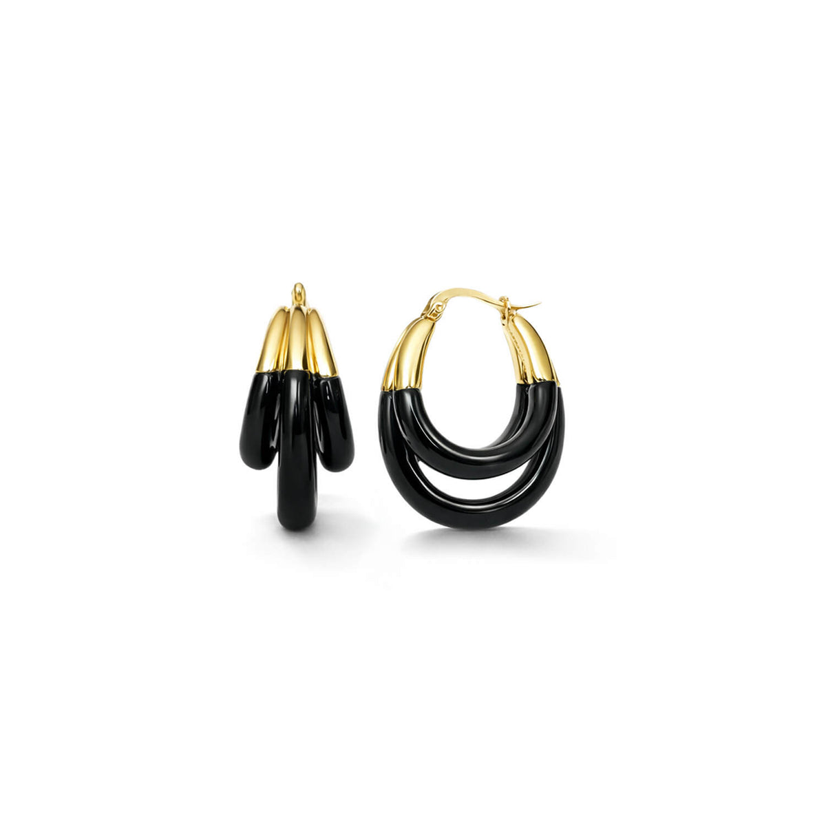 Black hoop earrings with gold accents on a white background