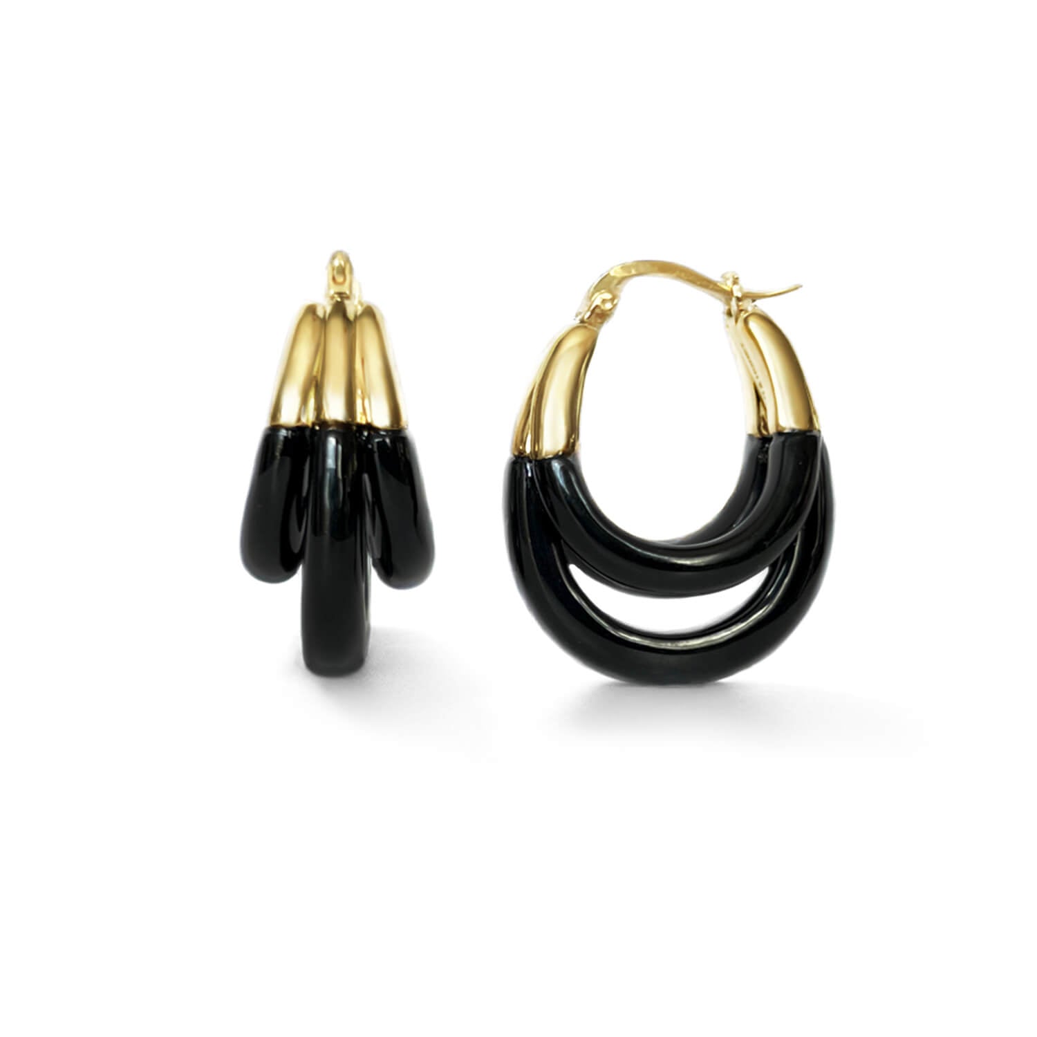 triple hoop earrings with polished black lucite