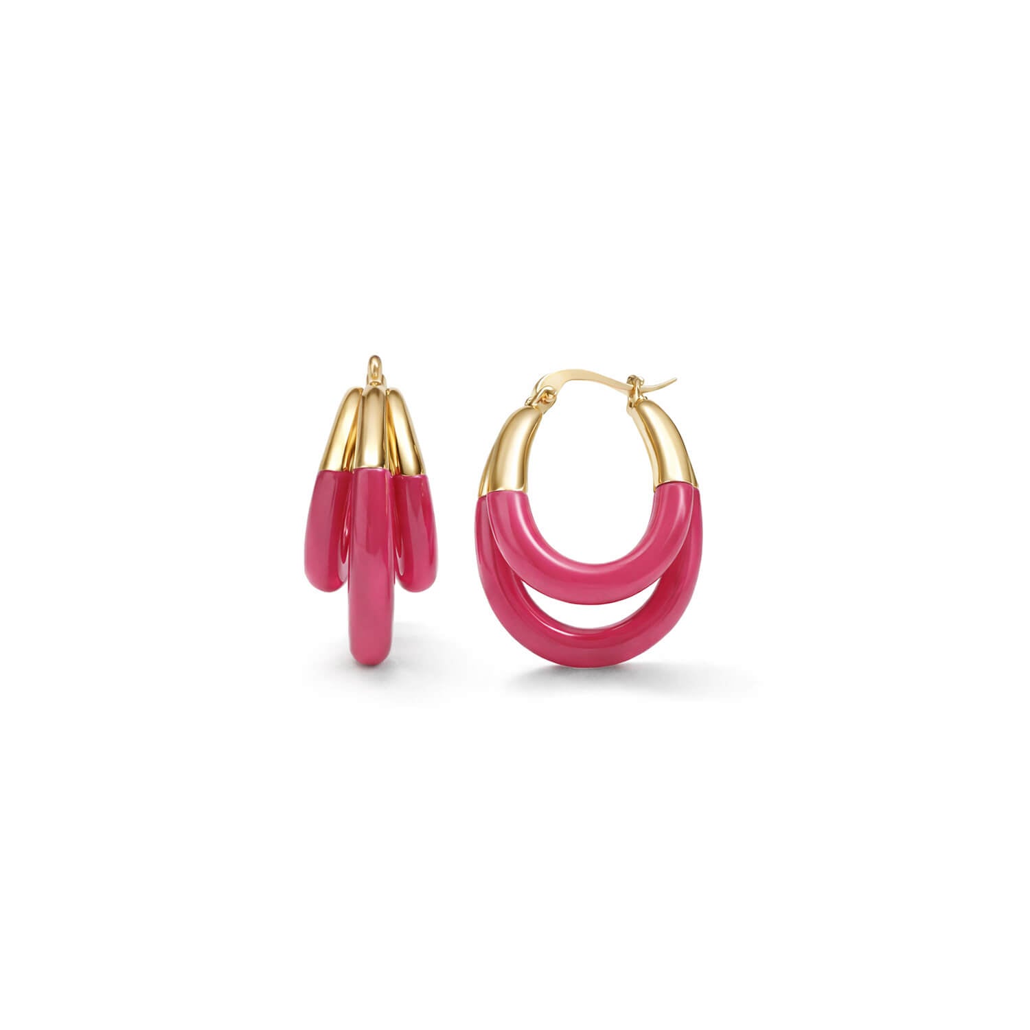 Pink hoop earrings with gold accents on a white background