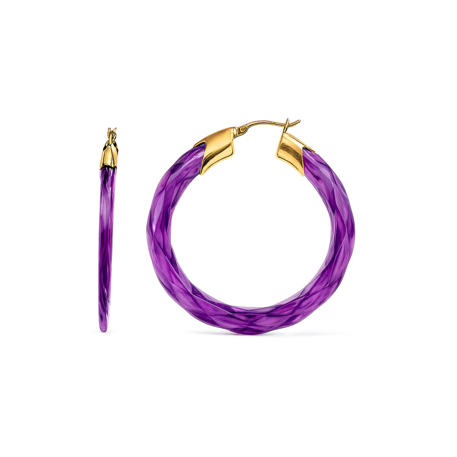 Purple hoop earrings with gold accents on a white background