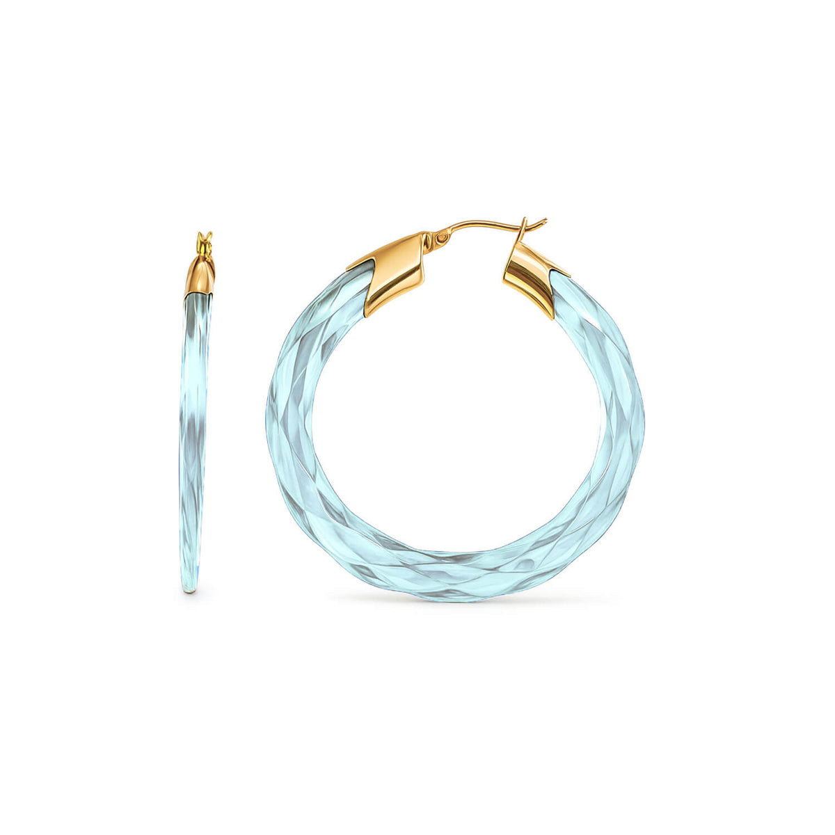 Pair of light blue hoop earrings with gold accents on a white background