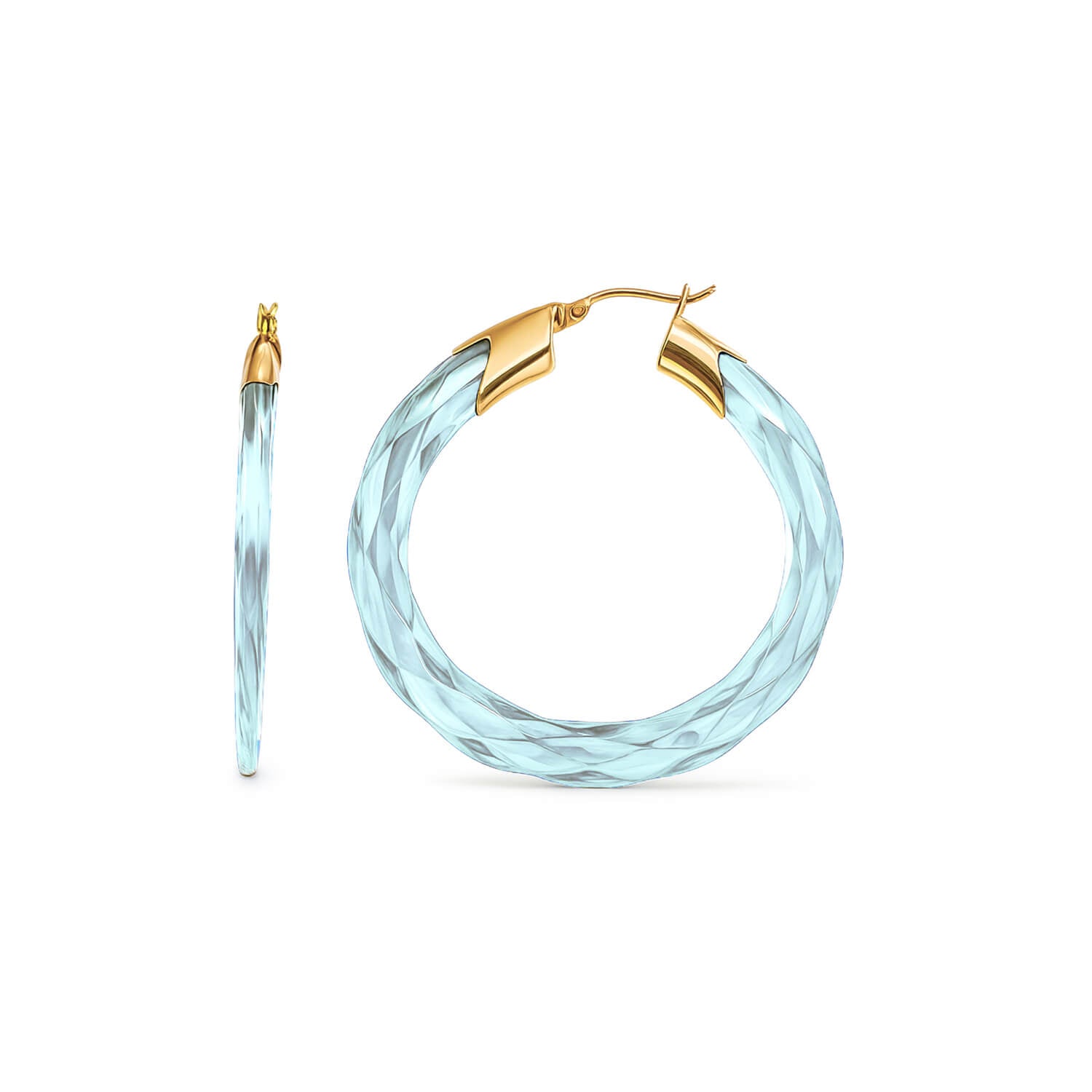 Pair of light blue hoop earrings with gold accents on a white background