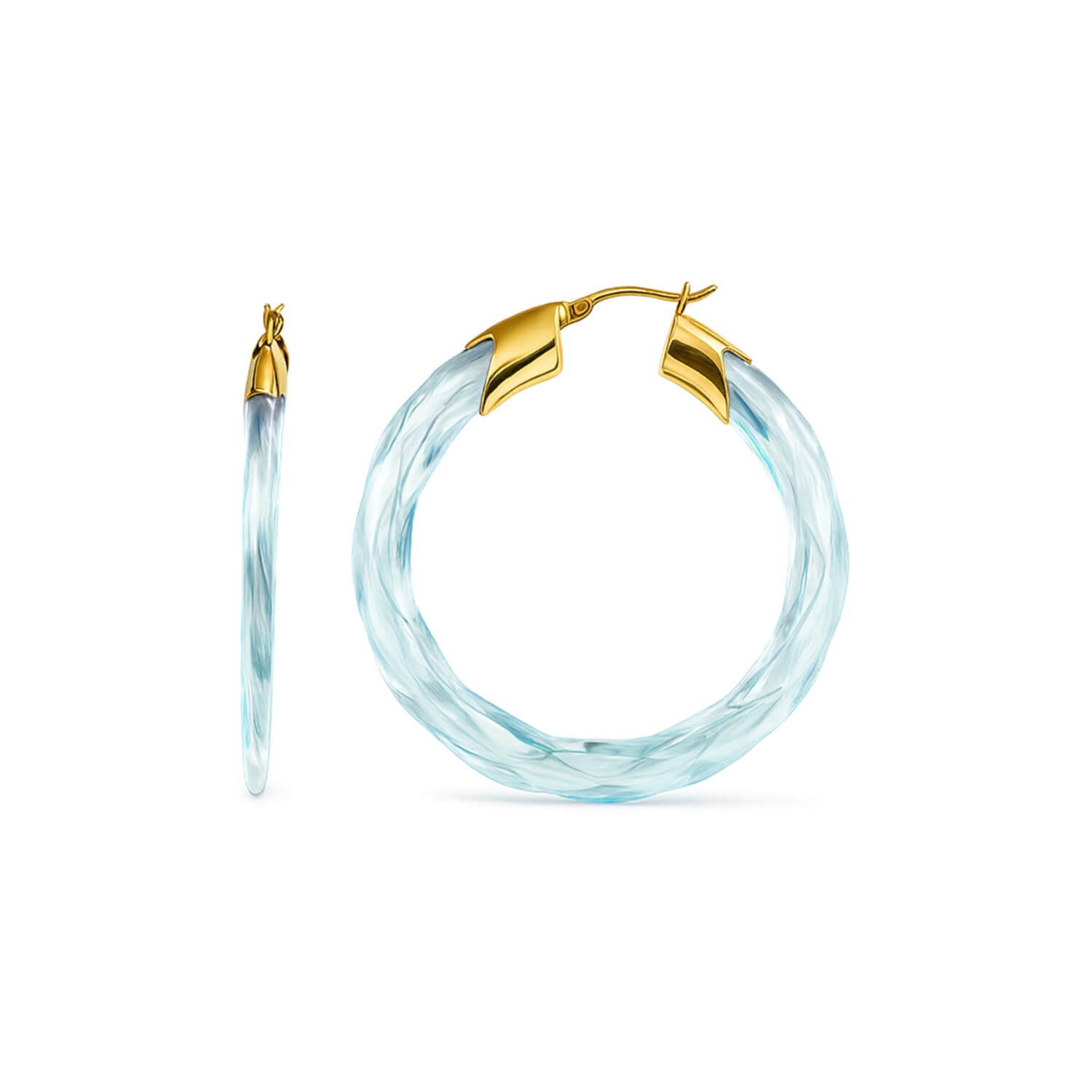 Gold and light blue hoop earrings on a white background