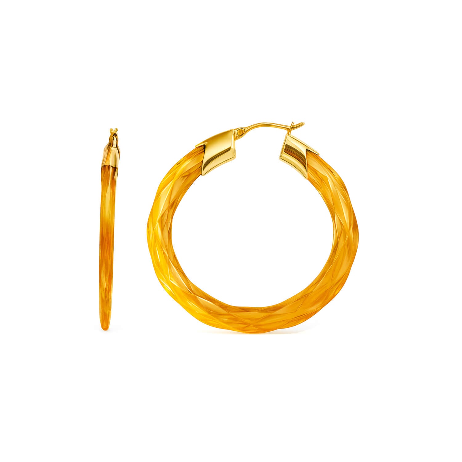 Gold hoop earrings on a white background