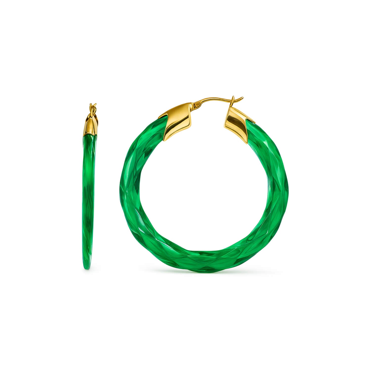 Green hoop earrings with gold accents on a white background