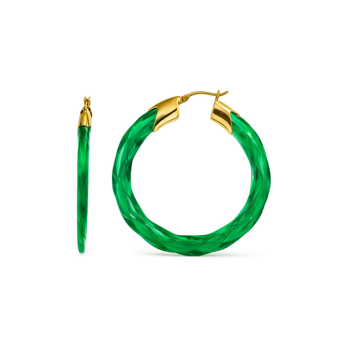 Green hoop earrings with gold accents on a white background