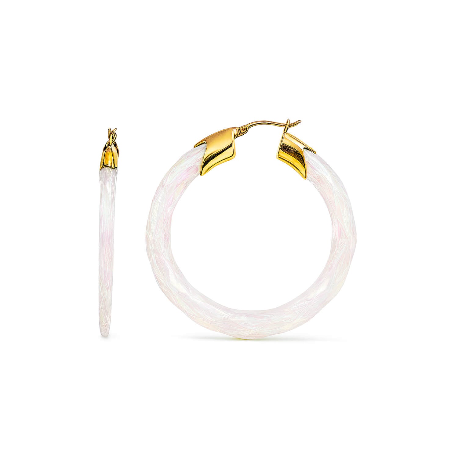 Gold hoop earrings with white stone accents on a white background