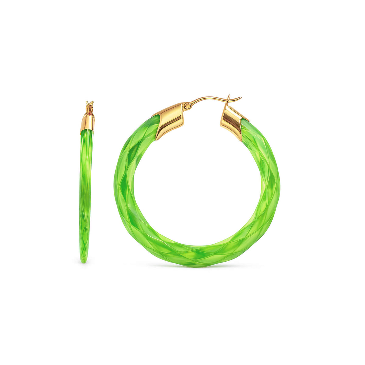 Green hoop earrings with gold accents on a white background