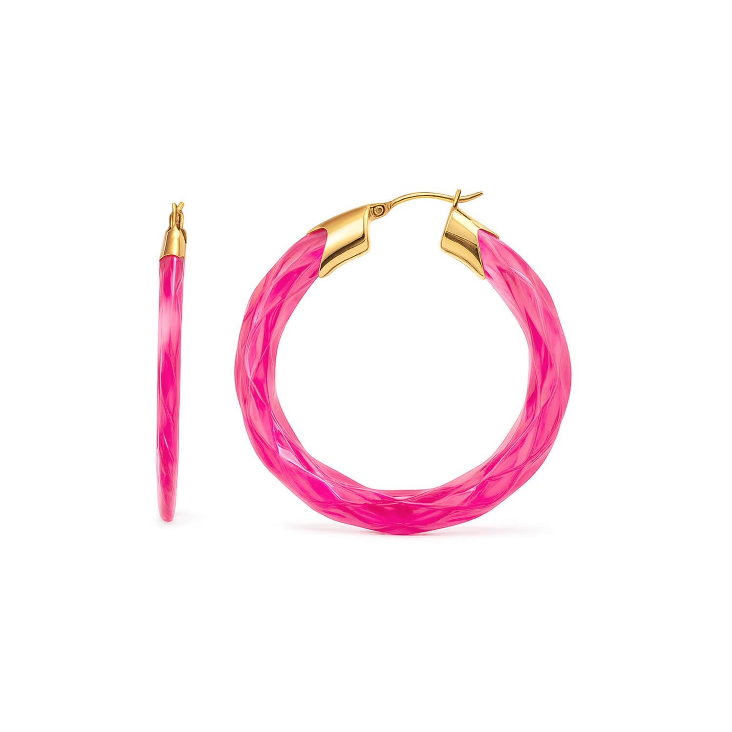 Pink hoop earrings with gold accents on a white background