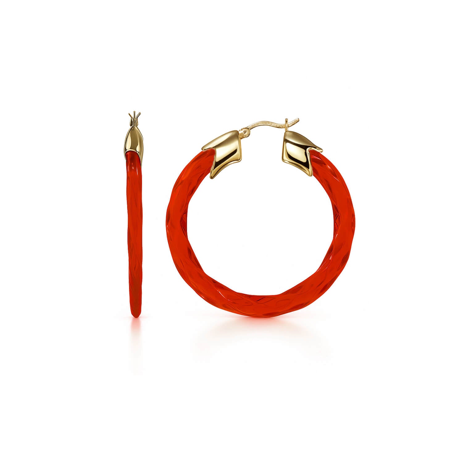 Swirl Twist Lucite Birthstone Hoop Earrings in Ruby Red
