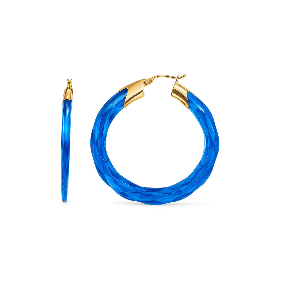 Blue hoop earrings with gold accents on a white background