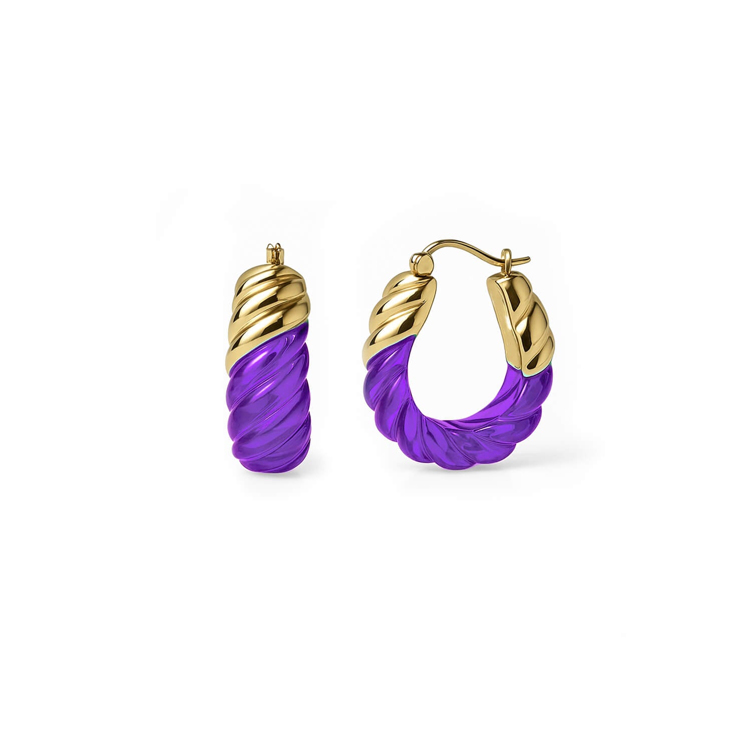 Rope Shrimp Lucite Birthstone Hoop Earrings in Amethyst Purple