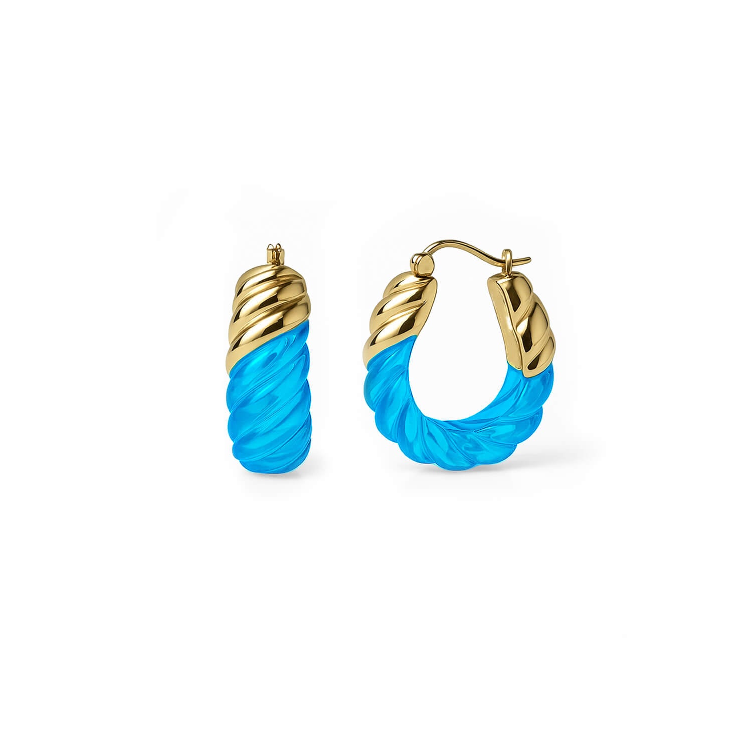 Rope Shrimp Lucite Birthstone Hoop Earrings in Blue Topaz