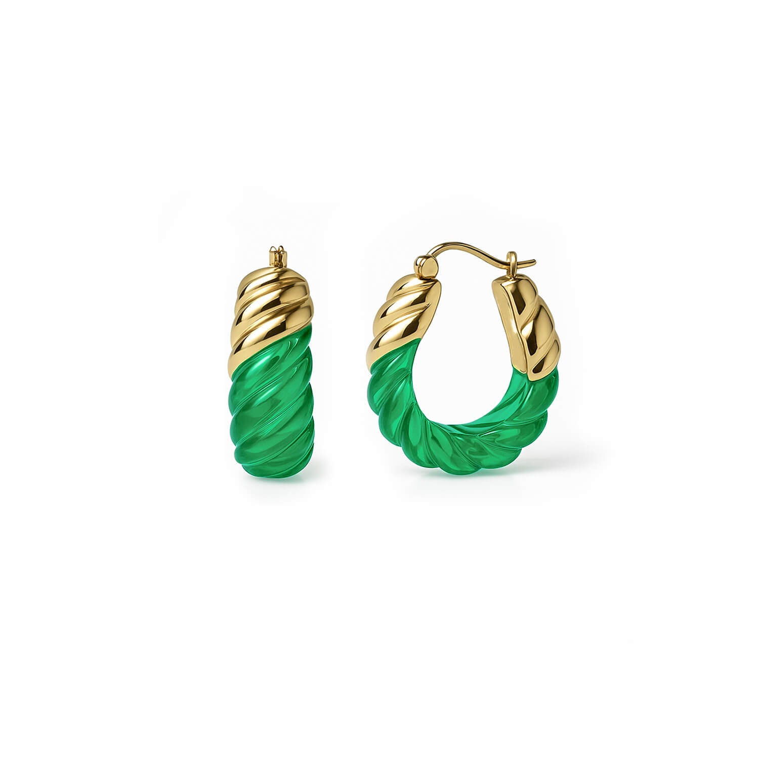 Rope Shrimp Lucite Birthstone Hoop Earrings in Emerald Green