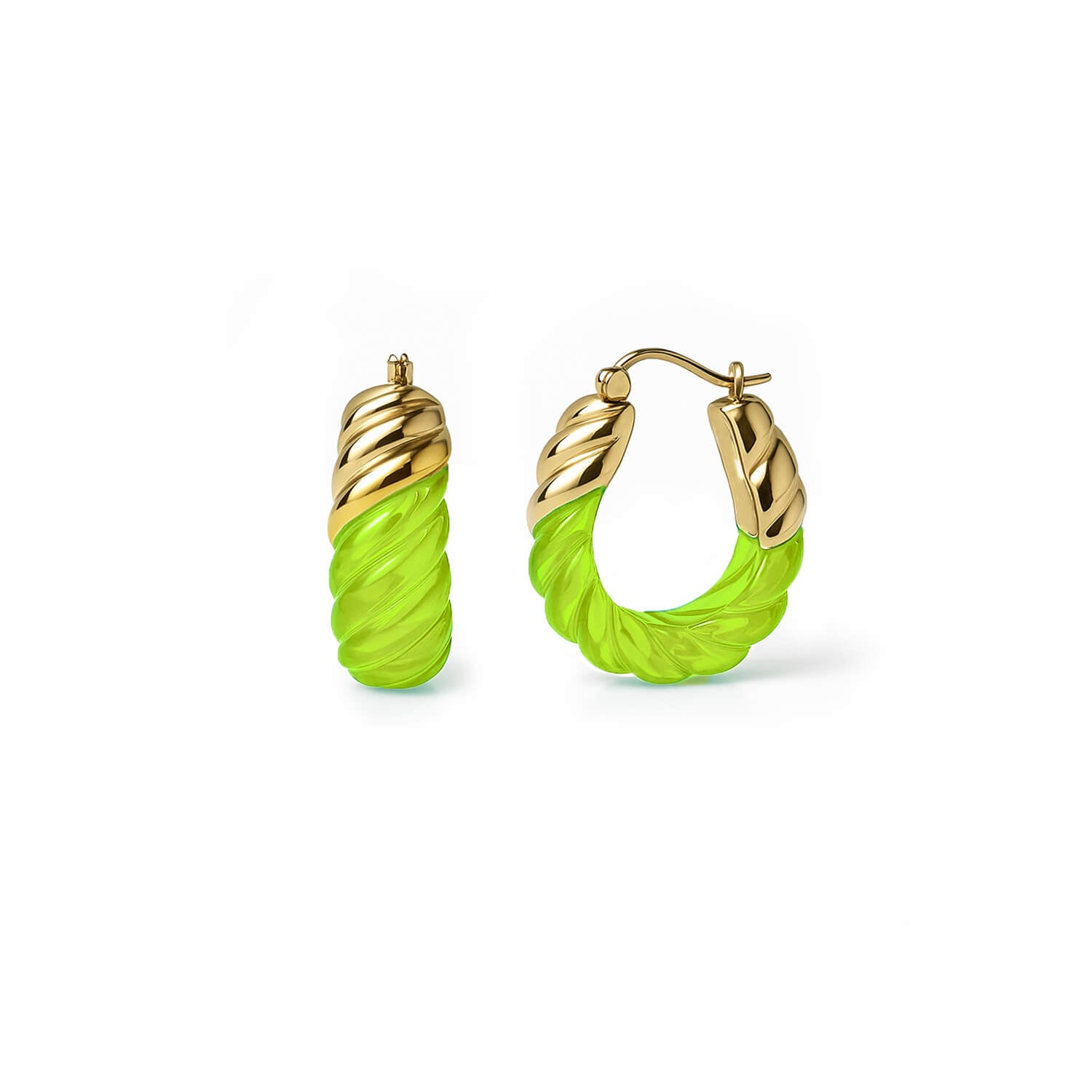 Rope Shrimp Lucite Birthstone Hoop Earrings in Peridot Green