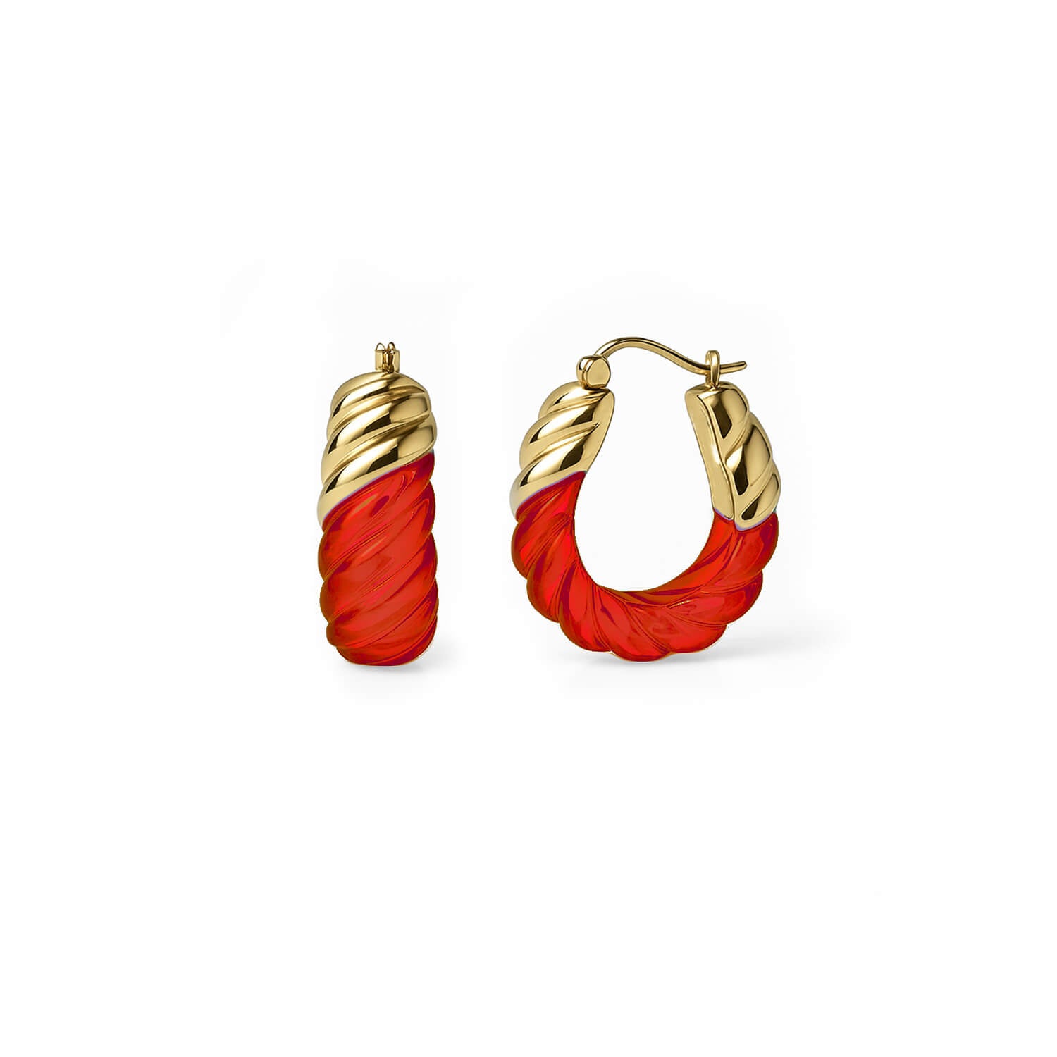 Rope Shrimp Lucite Birthstone Hoop Earrings in Ruby Red