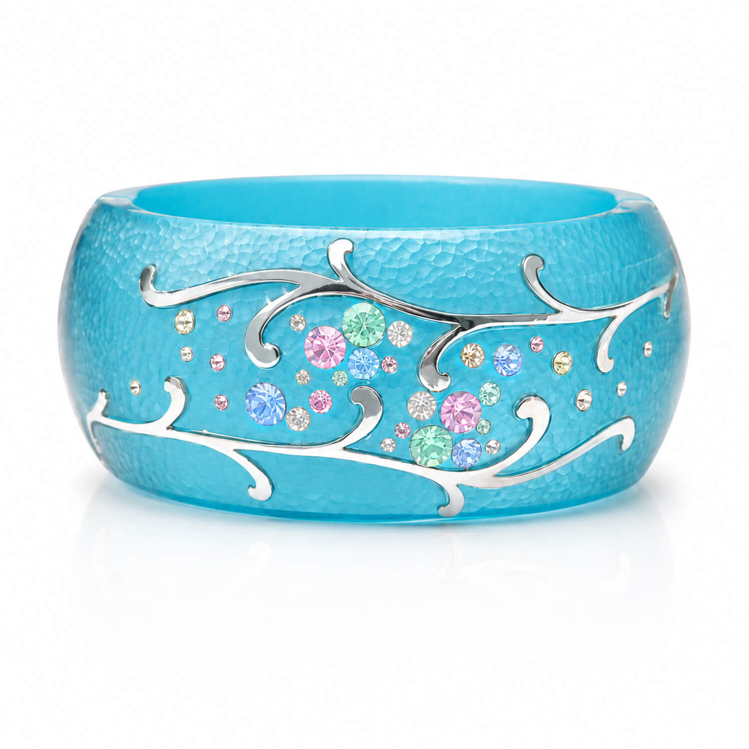 Turquoise bracelet with decorative elements and colorful crystals on a white background
