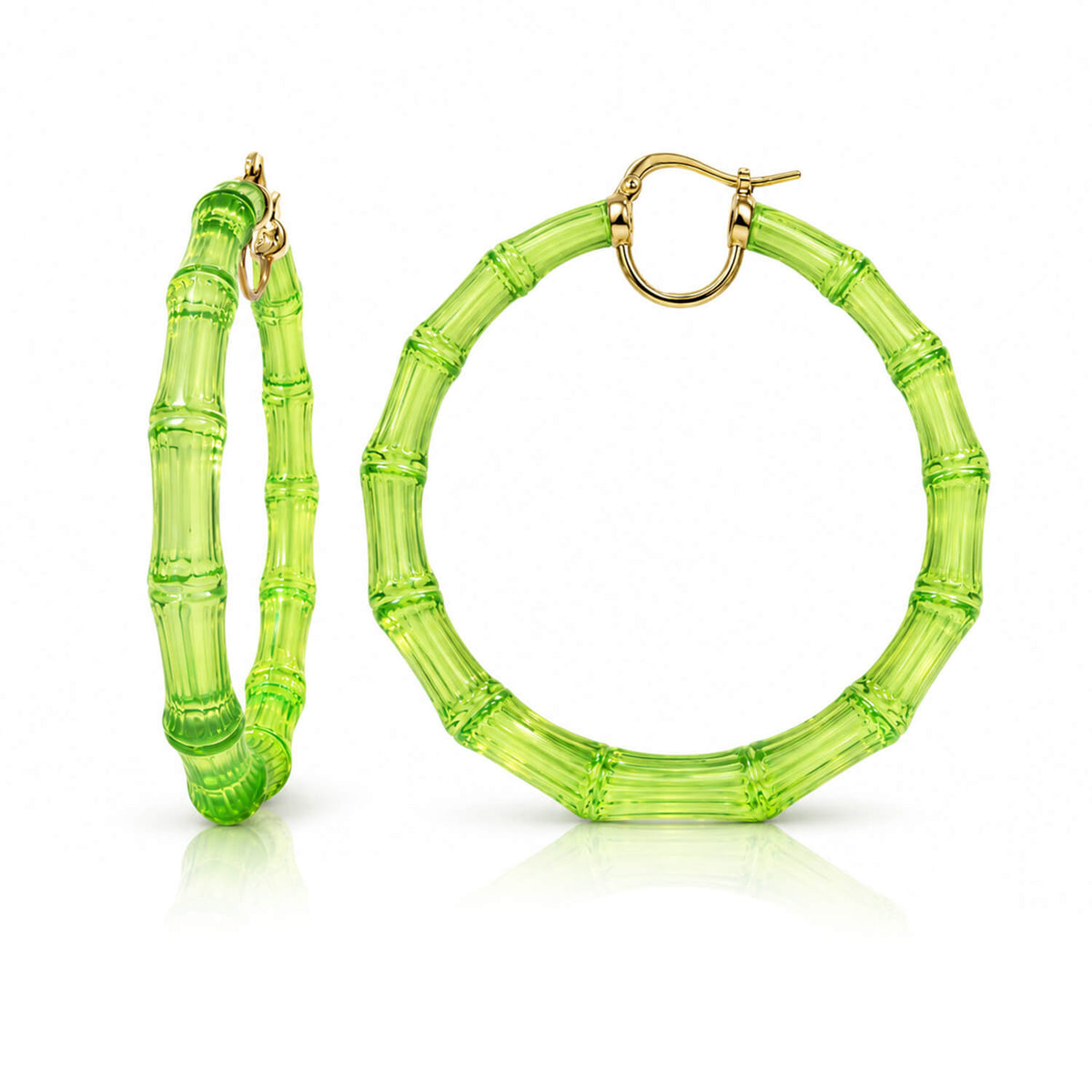 xl bamboo hoop earrings in green on a white background