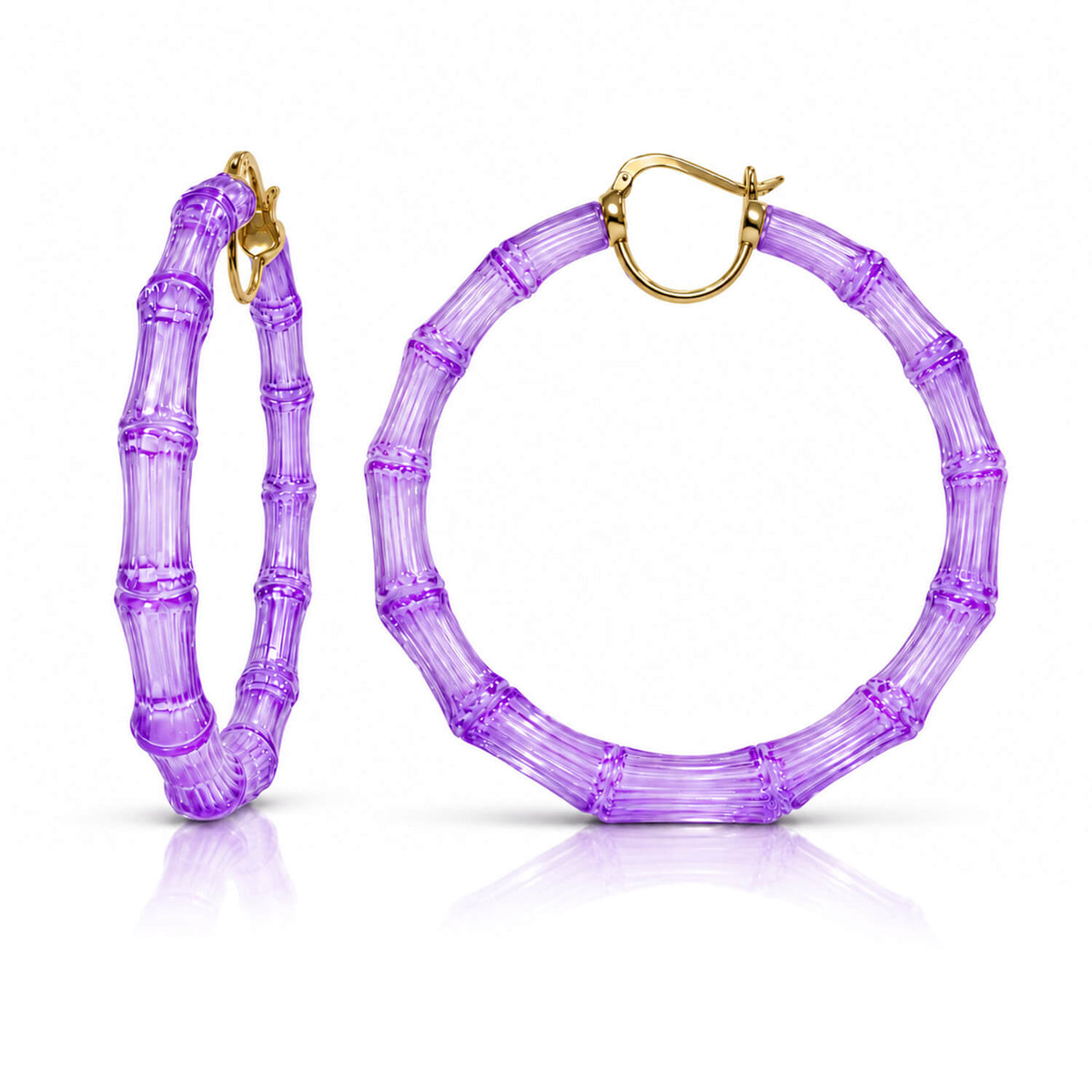 xl bamboo hoop earrings in purple on a white background