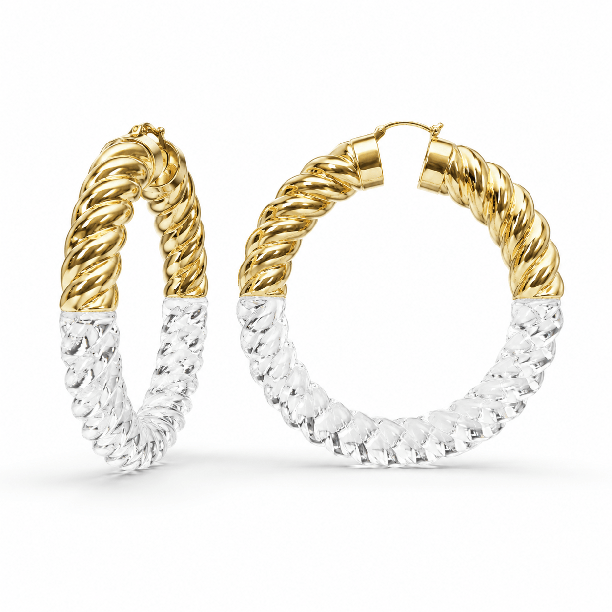 xl chunky earring in a twisted rope design with gold and clear lucite