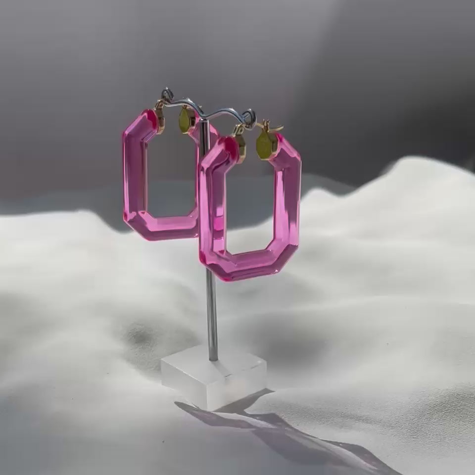 Pink Emerald Cut Hoop Earrings