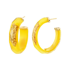 Medium Faceted Gold Leaf Lucite Hoop Earrings in Neon