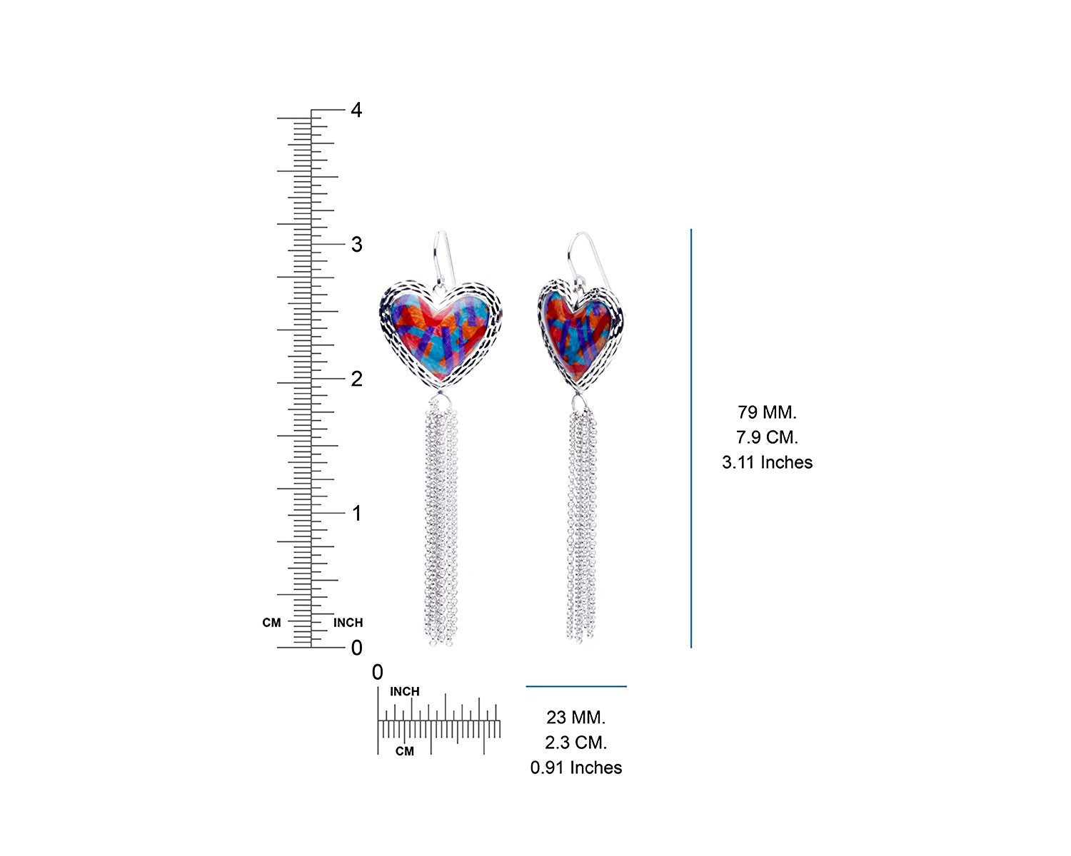 Blue and Red Heart Tassel Earring Dimensions