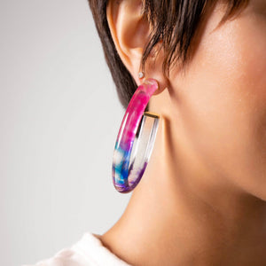 Pink Purple Blue Tie Dye Lucite Hoop Earrings