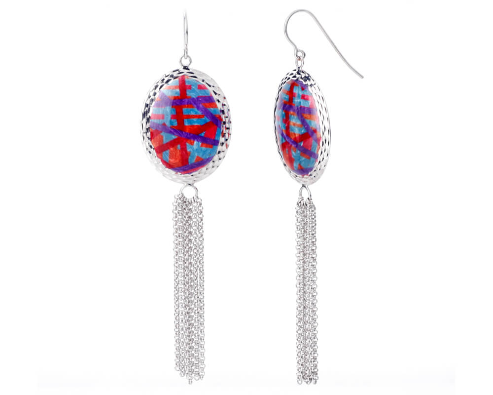 Oval Printed Tassel Earrings - RED
