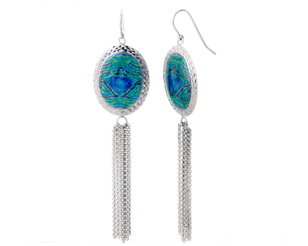 Oval Printed Tassel Earrings- GREEN AND BLUE
