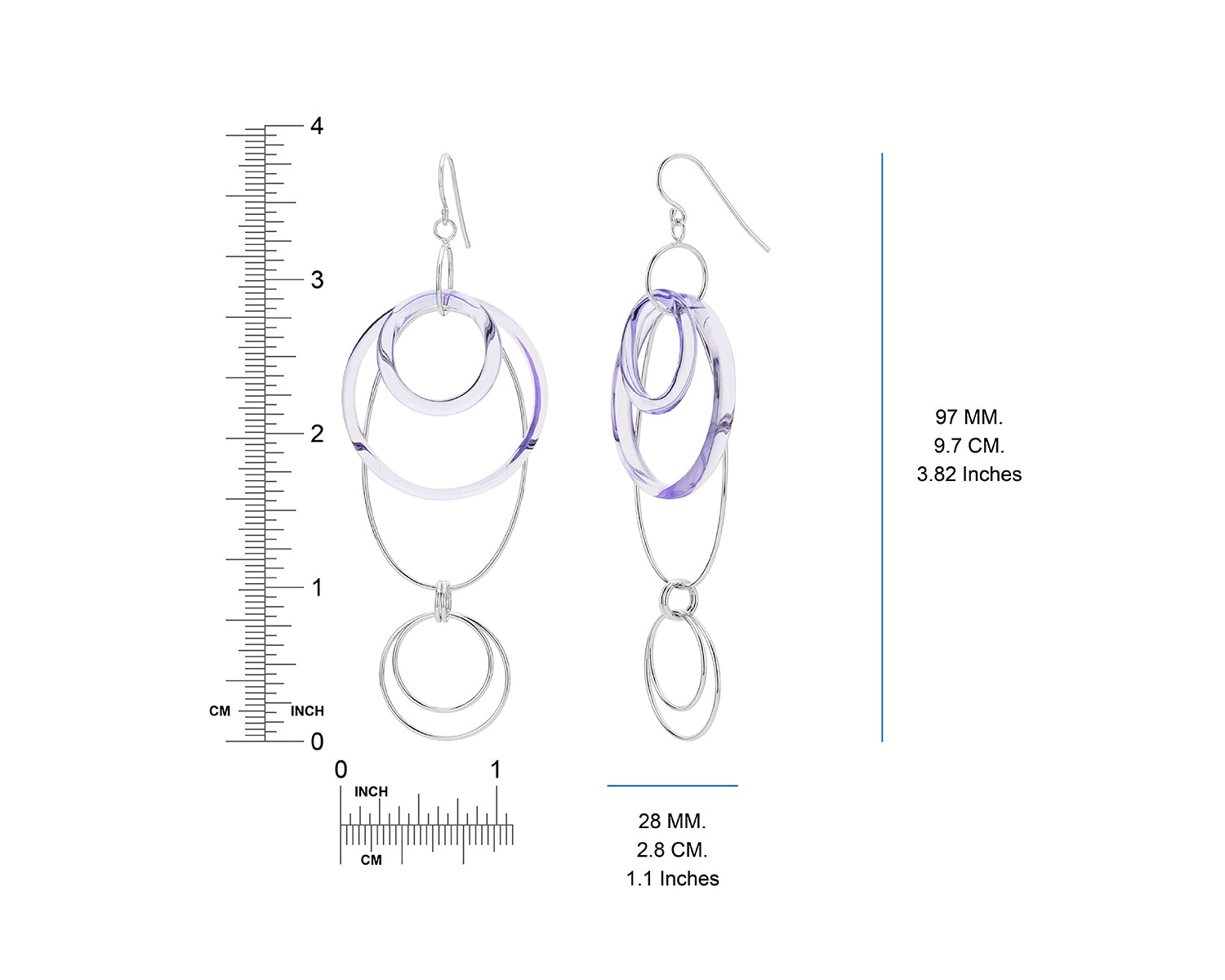 Purple Lucite and Silver Oval Drop Earrings DIMENSIONS