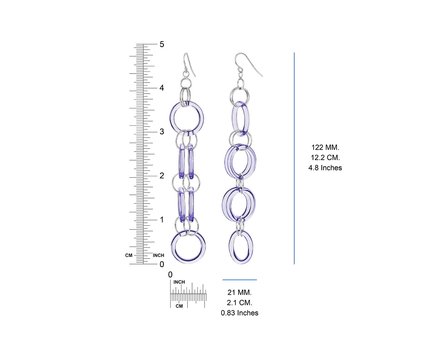 Purple Lucite and Silver Drop Earrings DIMENSIONS