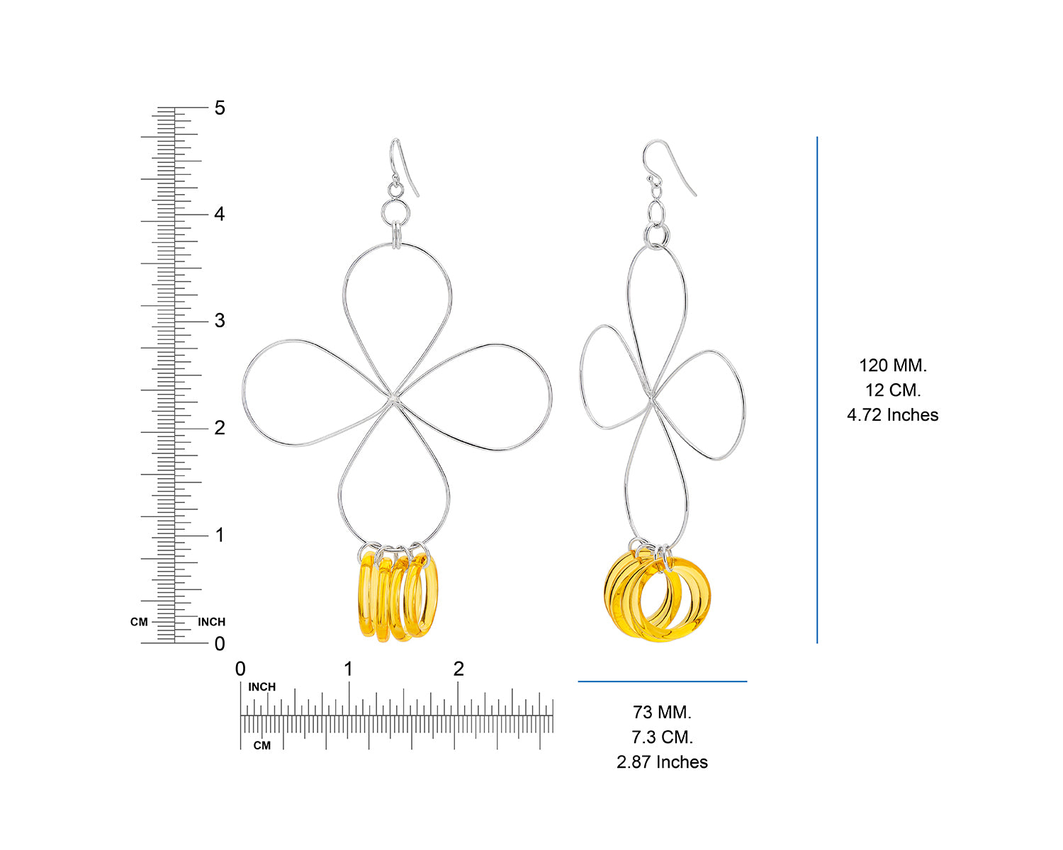 Yellow Lucite and Silver Flower Drop Earrings DIMENSIONS