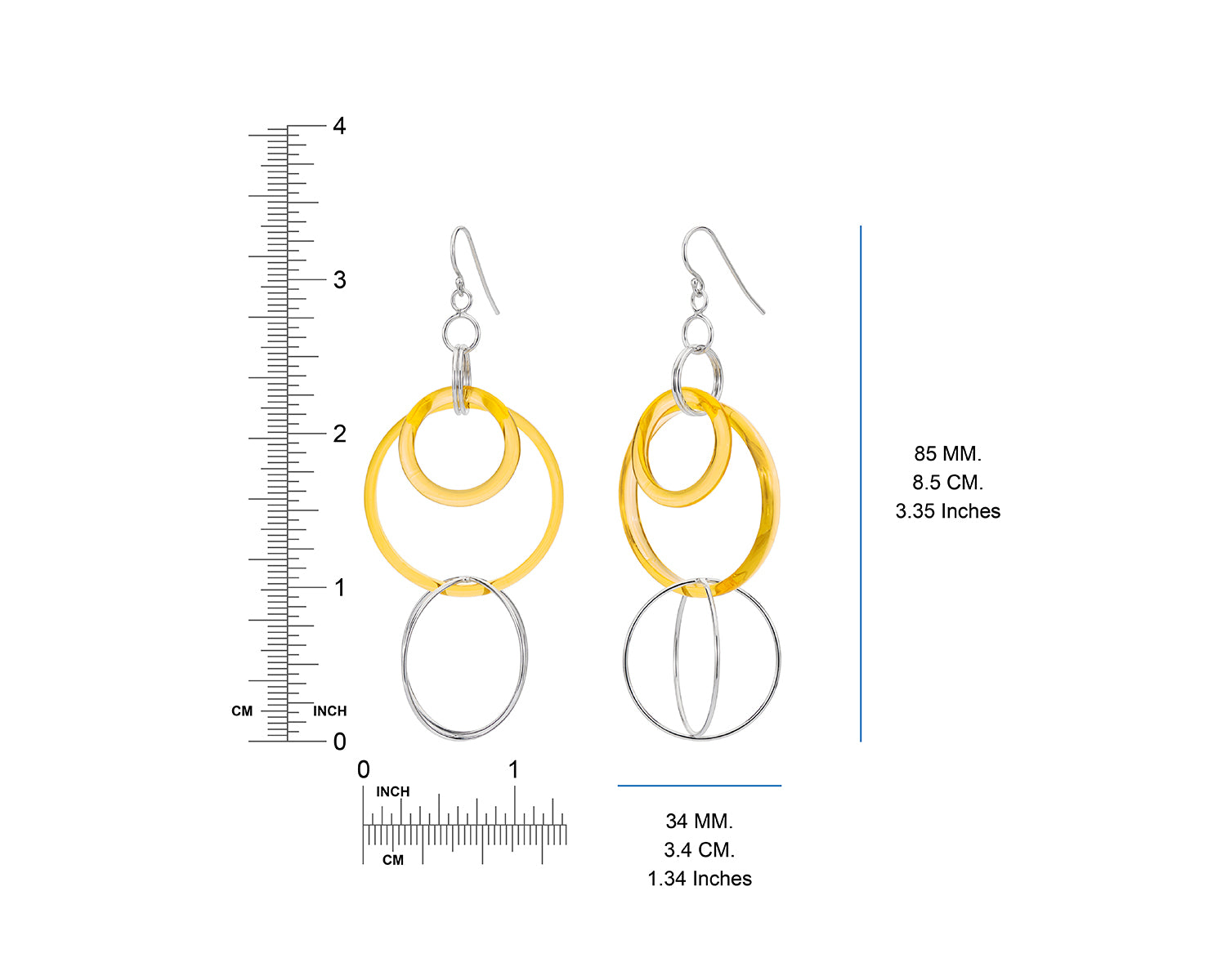 Yellow Lucite and Silver Axis Drop Earrings DIMENSIONS