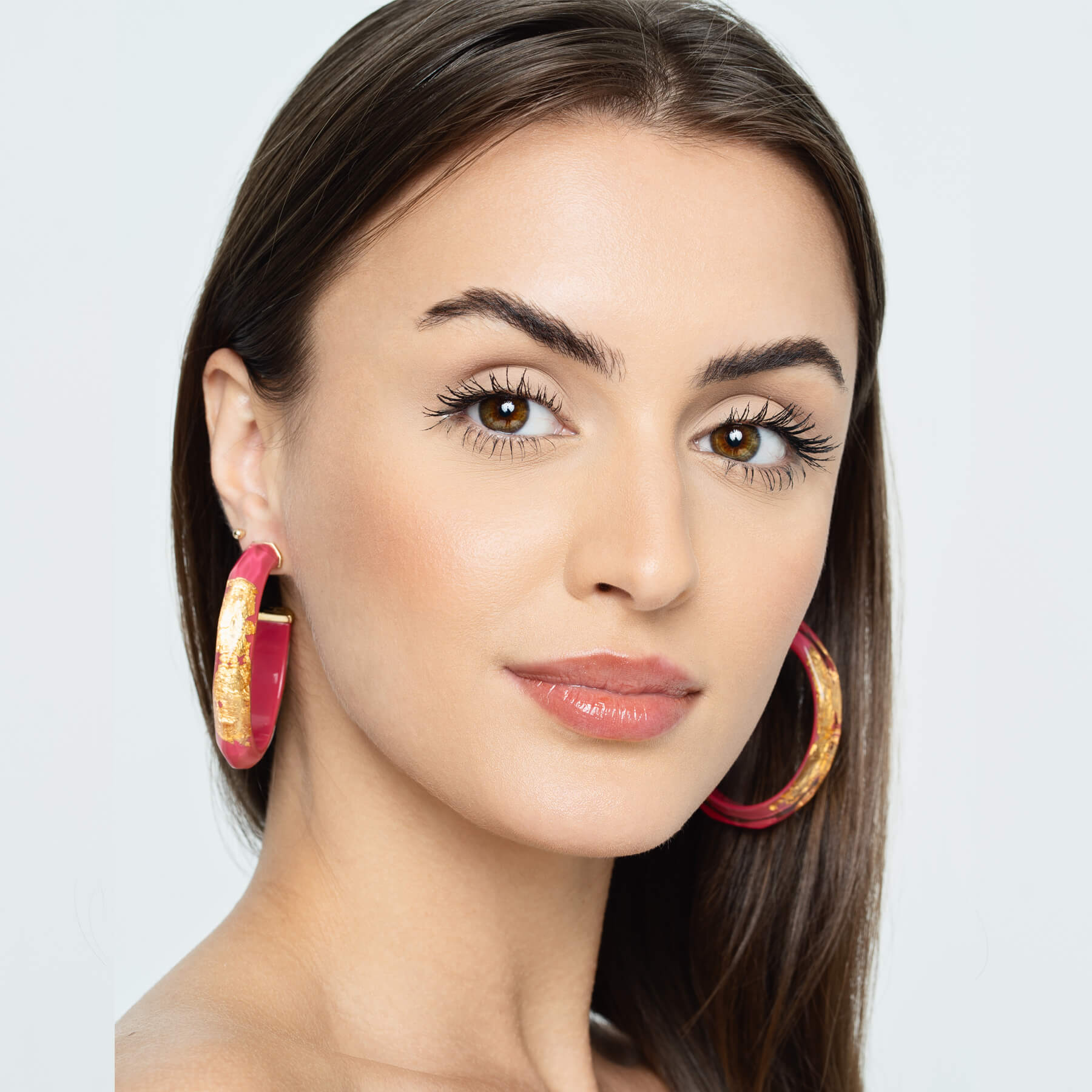 Large Faceted Gold Leaf Lucite Hoops in Neon