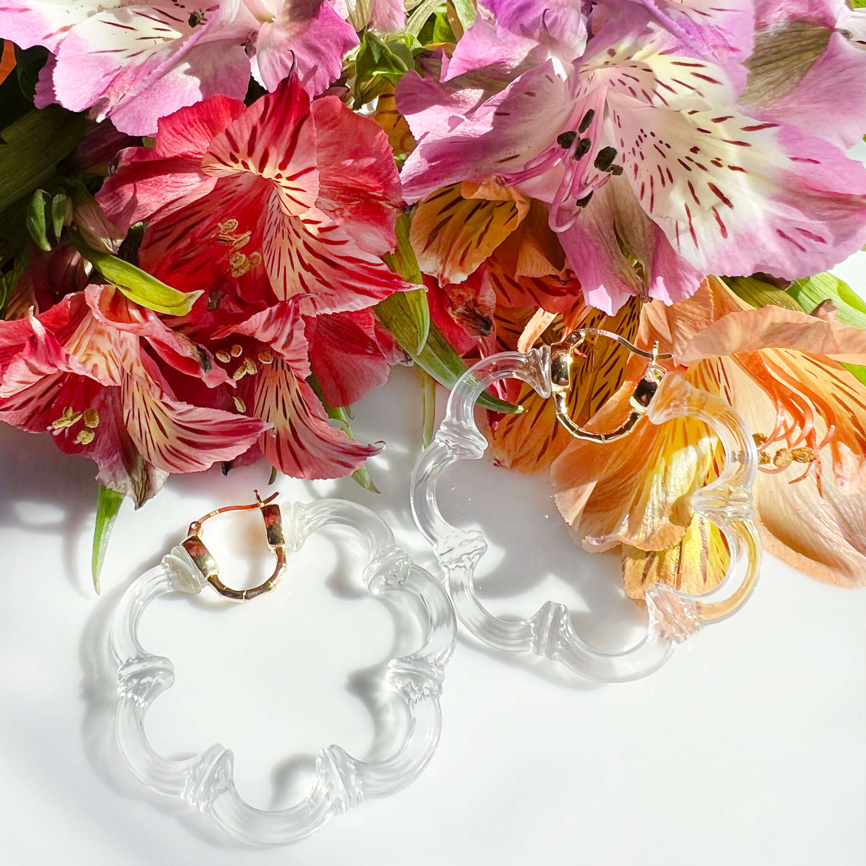 Flower Bamboo Lucite Hoop Earrings