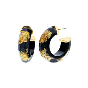 BLACK GOLD LEAF LUCITE FACETED HOOPS