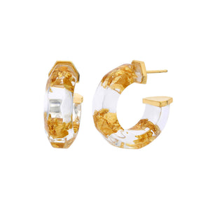CLEAR GOLD LEAF LUCITE FACETED HOOPS