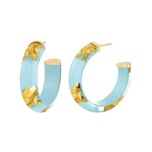 ICE BLUE GOLD LEAF LUCITE HOOP EARRINGS