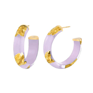 LAVENDER GOLD LEAF LUCITE HOOP EARRINGS