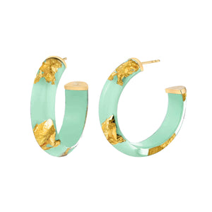 MINT GREEN GOLD LEAF LUCITE HOOP EARRINGS