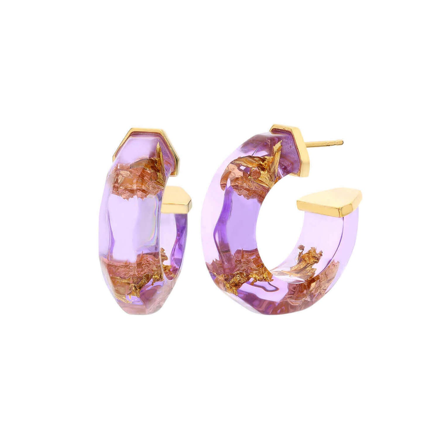 PURPLE GOLD LEAF LUCITE FACETED HOOPS
