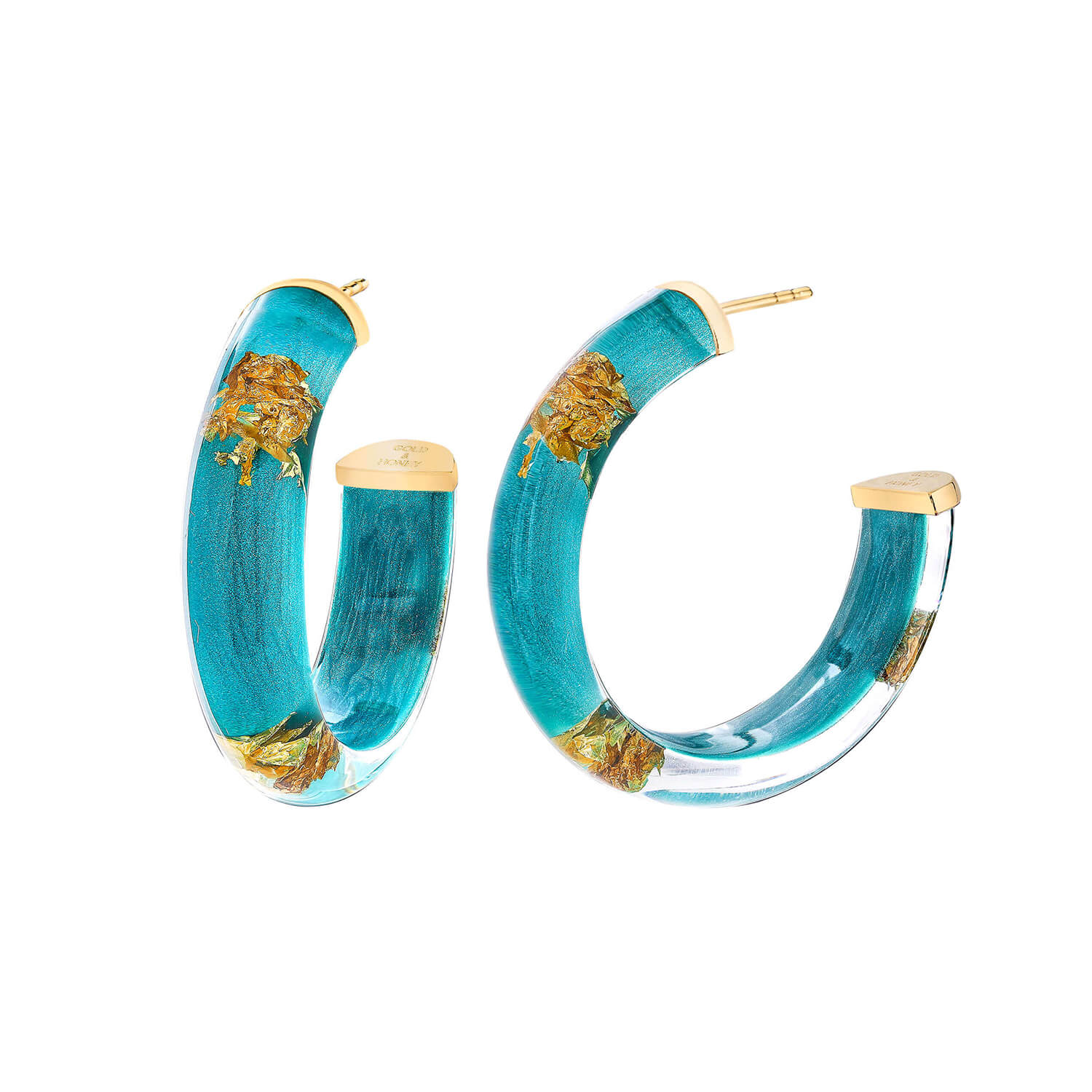 TEAL GOLD LEAF LUCITE HOOP EARRINGS