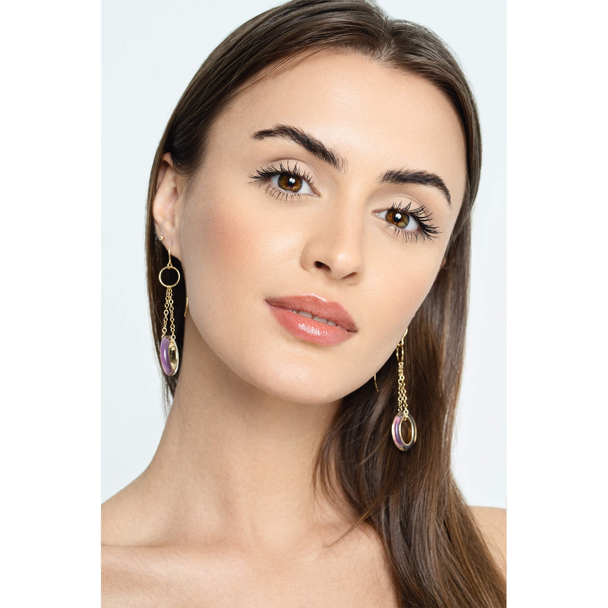 Purple Drop Earrings on Model