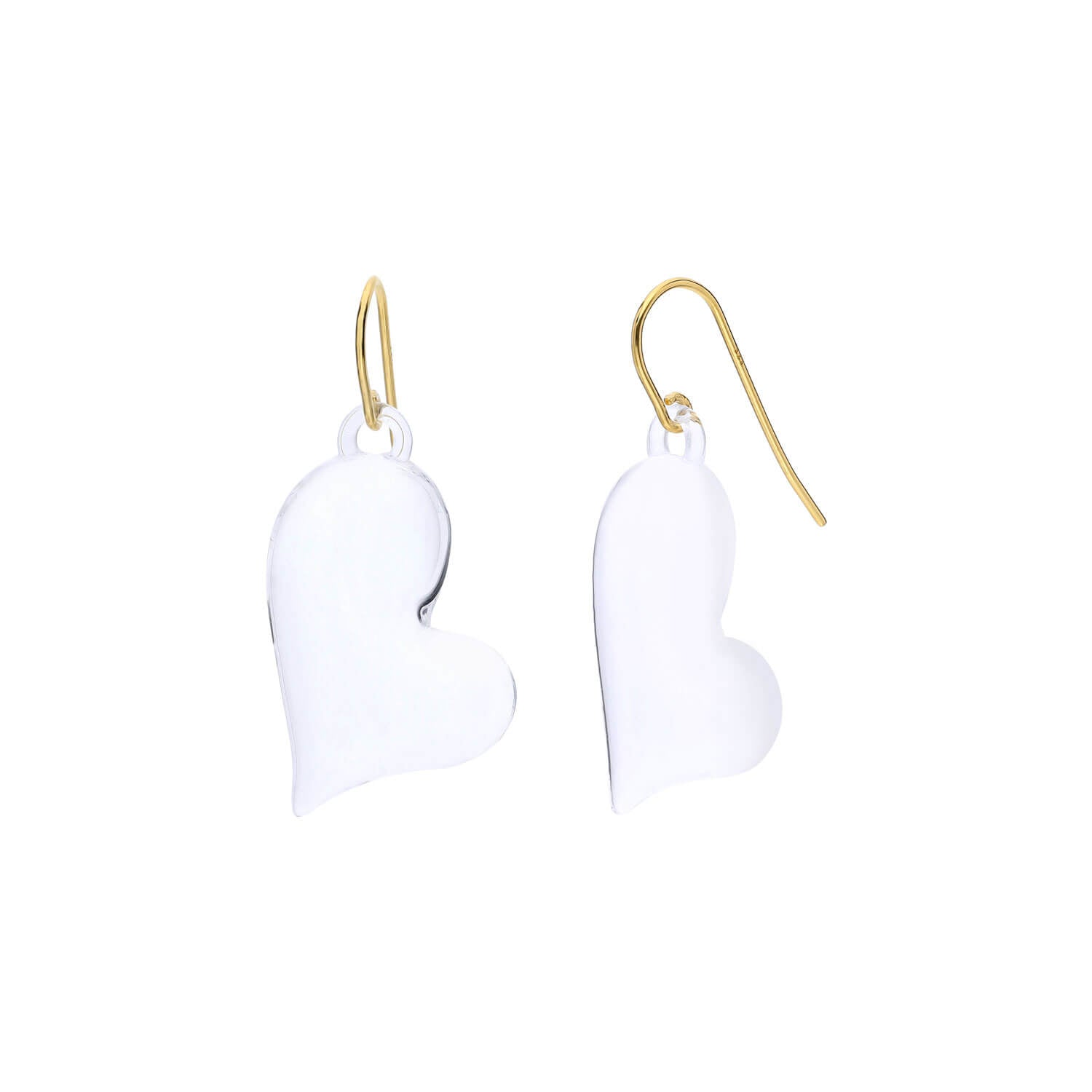 Clear heart-shaped earrings with gold hooks on a white background