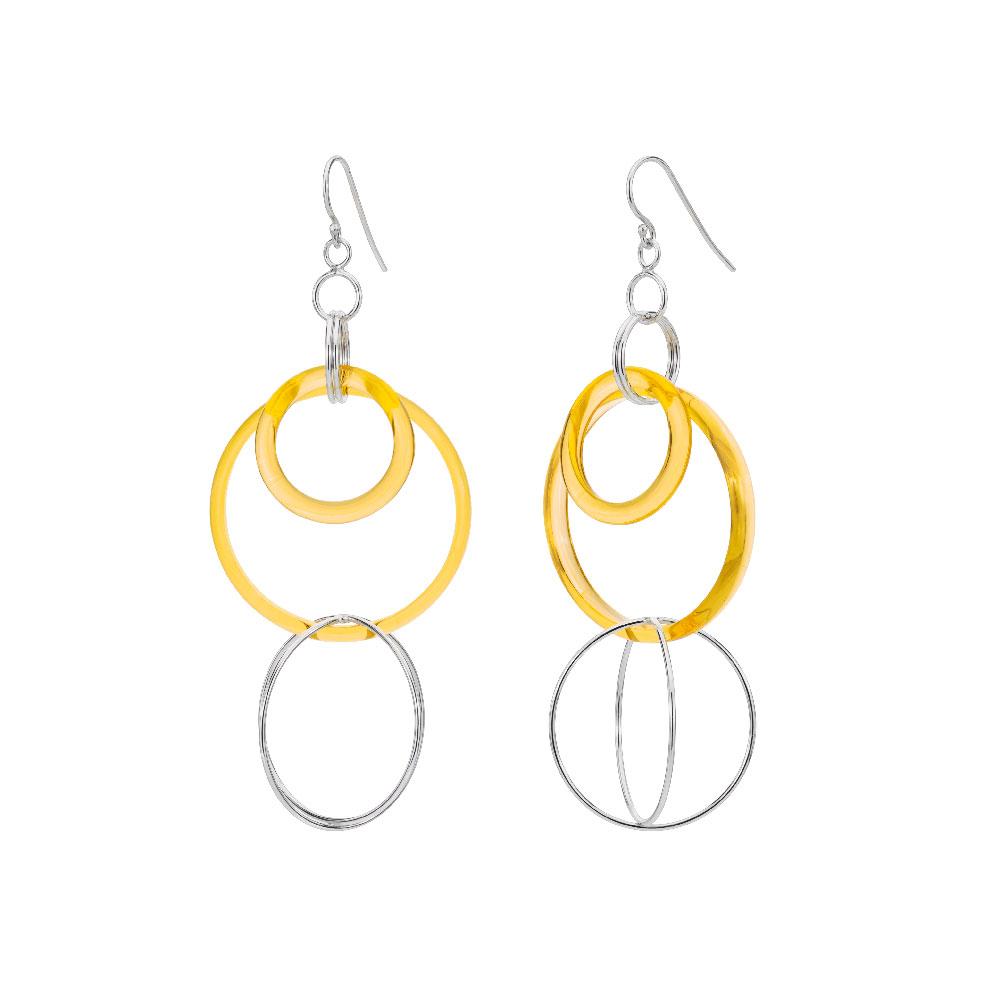 Yellow Lucite and Silver Axis Drop Earrings