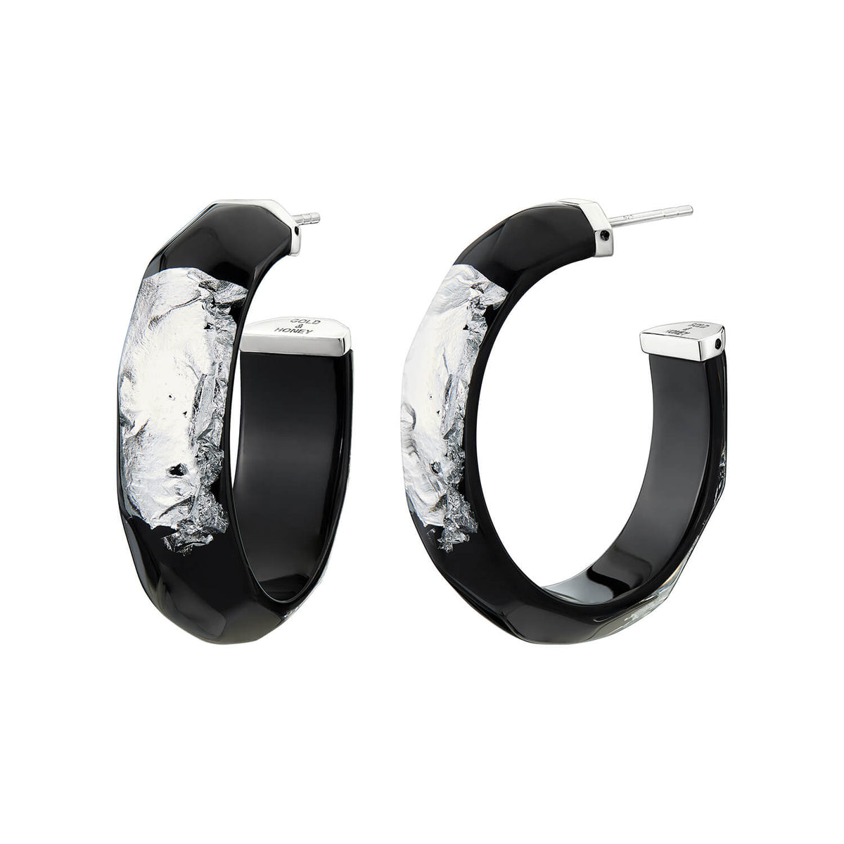 24K Gold Leaf Faceted Medium Lucite Hoops - BLACK SILVER