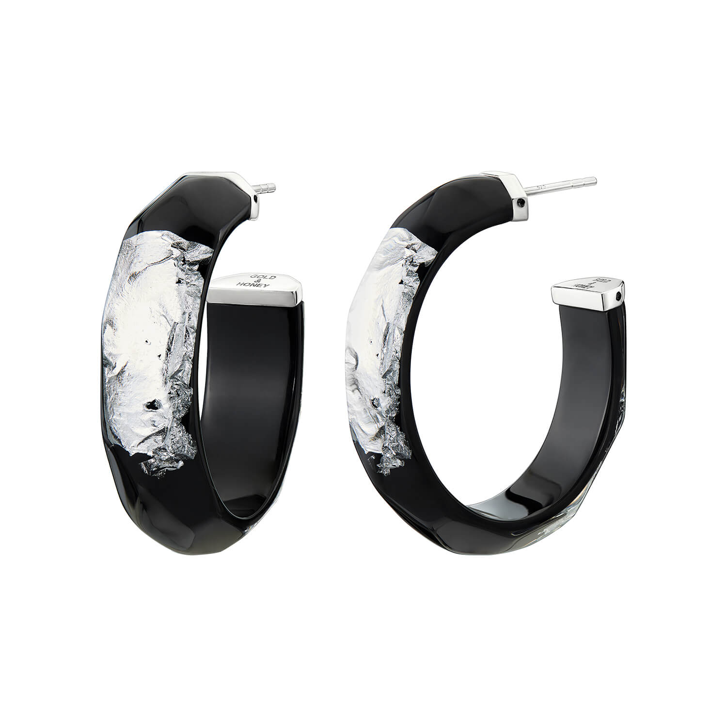 24K Gold Leaf Faceted Medium Lucite Hoops - BLACK SILVER