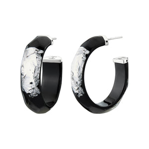 24K Gold Leaf Faceted Medium Lucite Hoops - BLACK SILVER