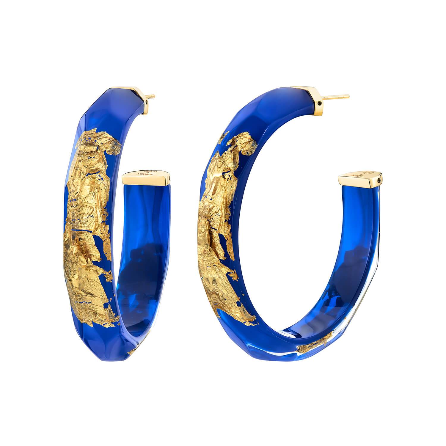 24K Gold Leaf Faceted Large Lucite Hoops - ROYAL BLUE